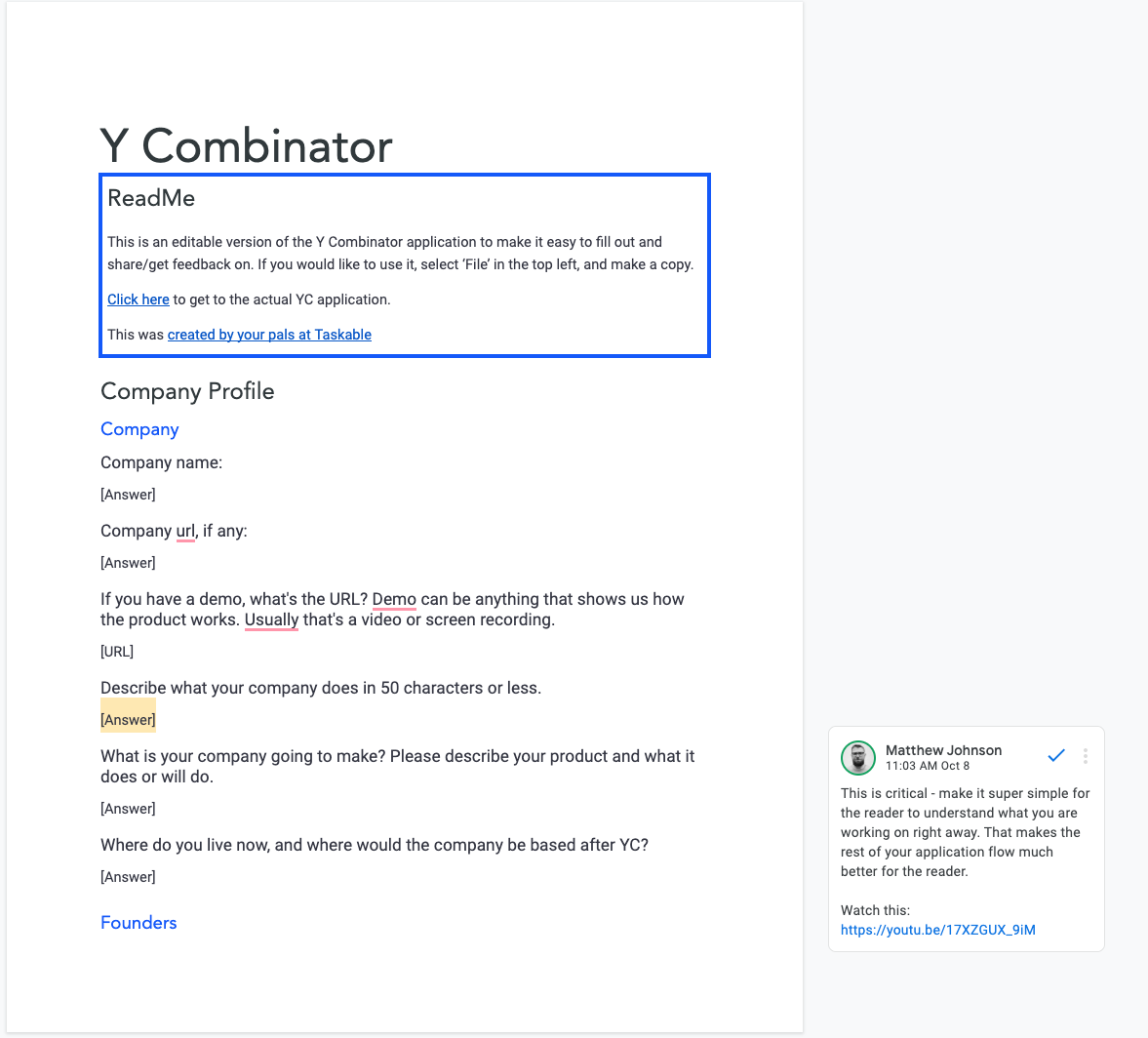 Y Combinator Application as a Google Doc Taskable Blog